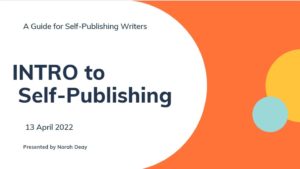 cover page of presentation Intro to self-publishing. White background with orange,yellow and blue abstract design