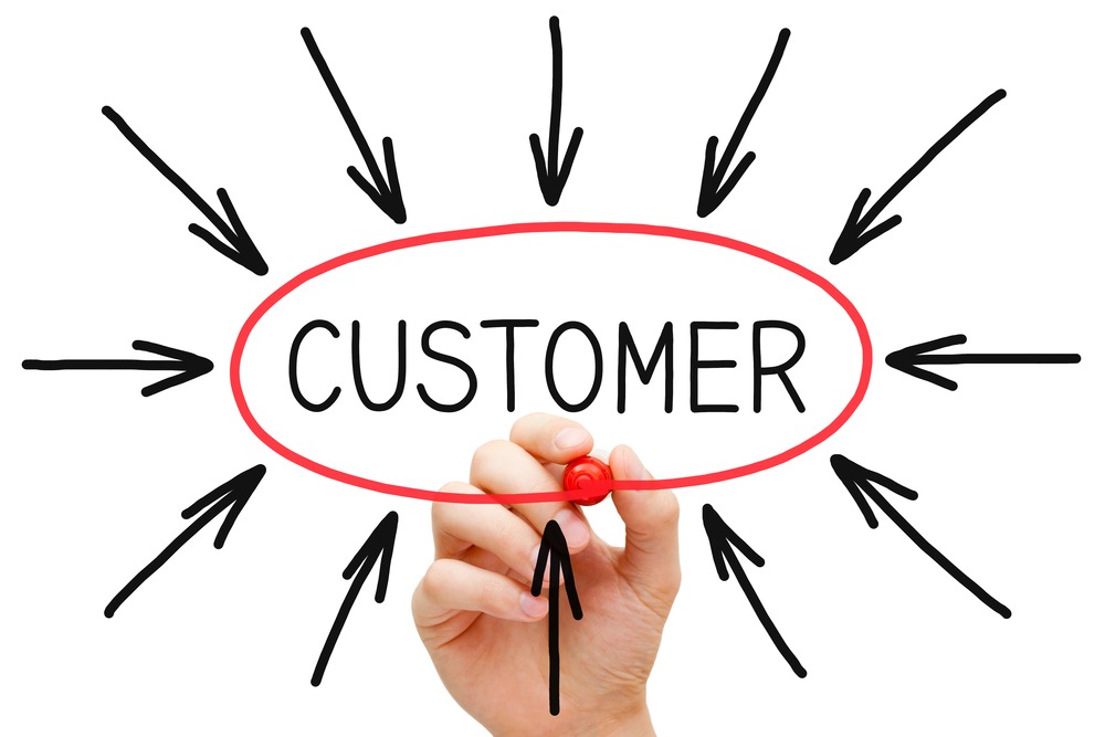 Arrows pointing towards the word customer written in black and surrounded by a red border