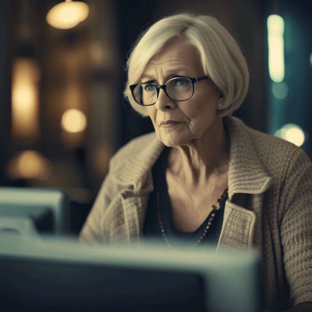 Older woman looks pensive in front of a computer