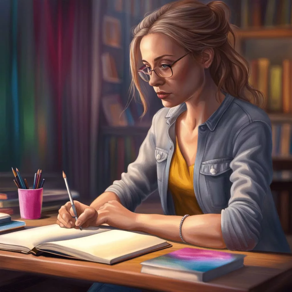 Young blonde woman with glasses writing a book